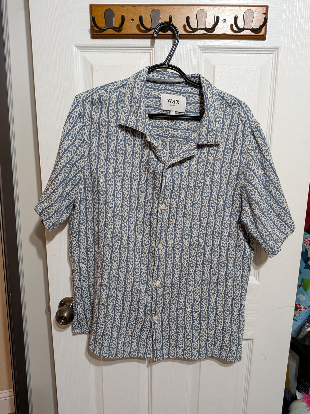 Wax London Men's L Blue Ecru Patterned Short Sleeve Camp Collar Button Shirt
